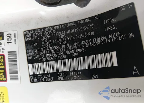 2015 Toyota Sienna Xle 7 Passenger z USA, uszkodzony, nr VIN 5TDDK3DC6FS111580